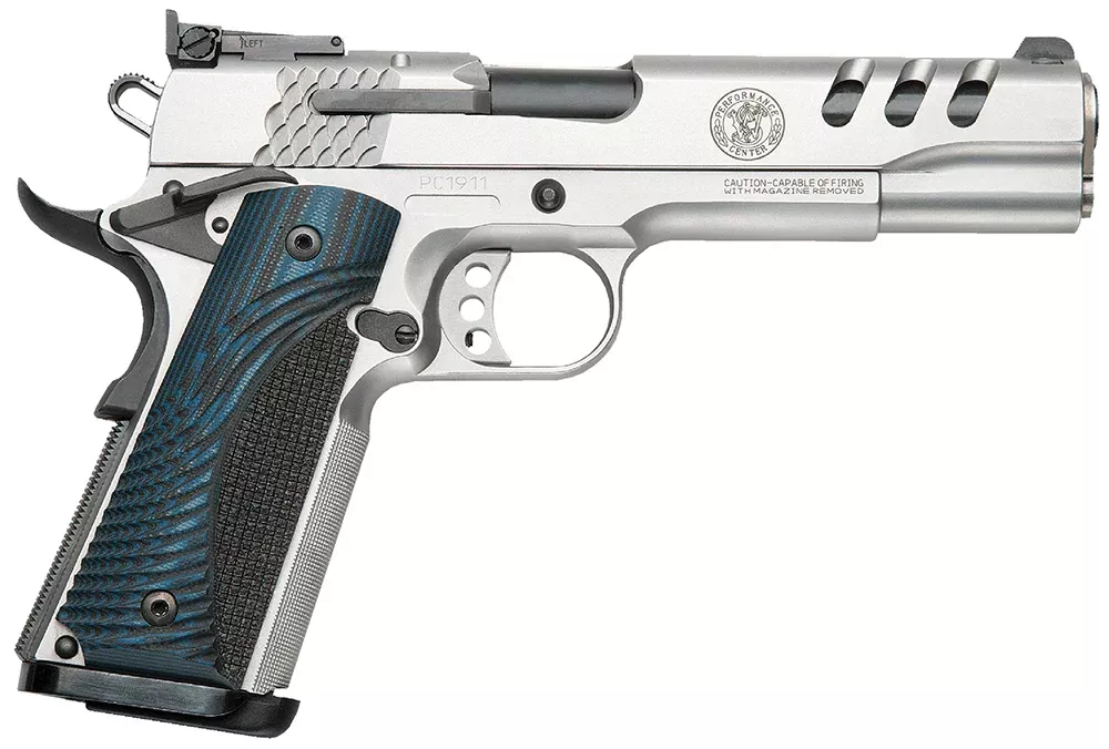 Smith & Wesson 170343 1911 Performance Center45 ACP 5″ Throated Barrel 8+1, Matte Stainless Steel Frame & Ported Slide, G10 Custom Wood Grip, Ambidextrous Manual Safety