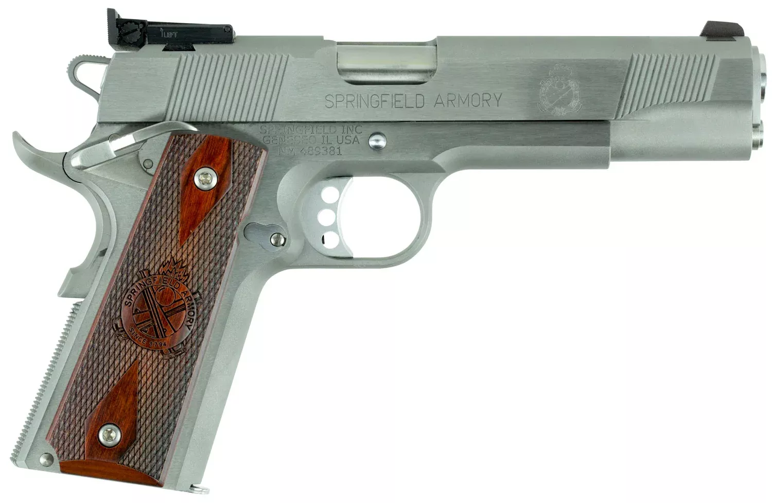 Springfield Armory PI9132LCA 1911 Loaded Target *CA Complaint 45 ACP 7+1, 5″ Stainless Match Grade Stainless Barrel, Serrated Slide & Steel Frame w/Beavertail, Crossed Cannon Cocobolo Grip