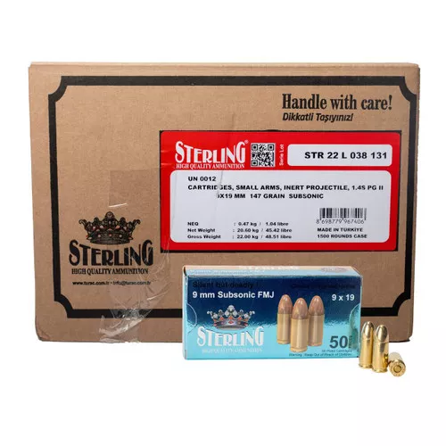 STERLING 9X19MM 147 GRAIN SUBSONIC FMJ CASE1000 UPC: 8698779967406