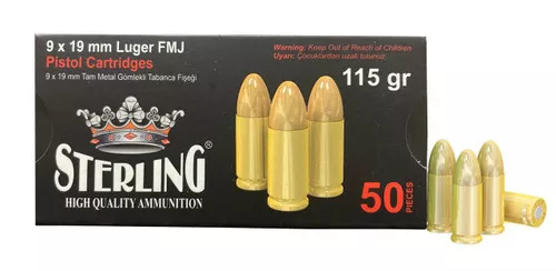 STERLING 9X19MM LUGER FMJ PISTOL AMMUNITION 115GR BRASS CASING CASE1000 UPC: 810091156711