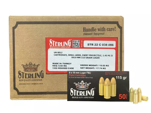 STERLING 9X19MM LUGER FMJ PISTOL AMMUNITION 115GR BRASS CASING CASE1500 UPC: 8698779967369
