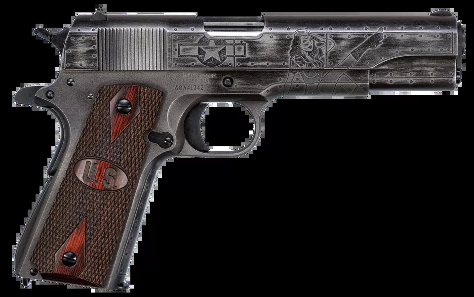 Thompson 1911 Victory Girls .45 ACP Pistol - Worn Black/Gray Cerakote, 5" Barrel, 7+1 Capacity, Checkered Wood Grips with US Logo