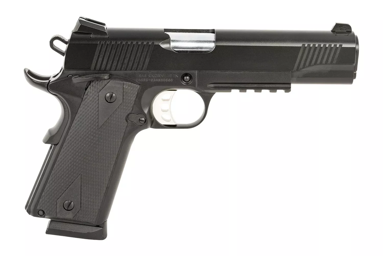 Tisas Arms 10100531 1911 Duty 9mm Luger 9+1 5″ Stainless Barrel, Black Cerakote Carbon Steel Serrated Slide & Frame w/Picatinny Rail, Black Rubber Grip