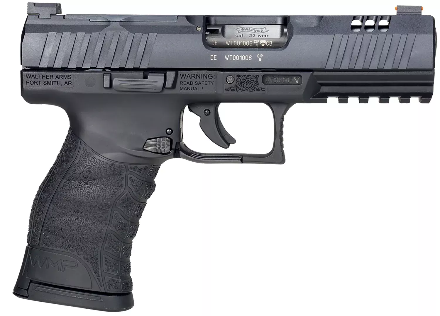 Walther Arms 5220300 WMP Optic Ready 22 WMR 15+1 4.50″ Stainless Steel Barrel, Black Optic Ready/Serrated Slide, Black Polymer Frame w/Picatinny Rail, Black Polymer Grip, Ambidextrous