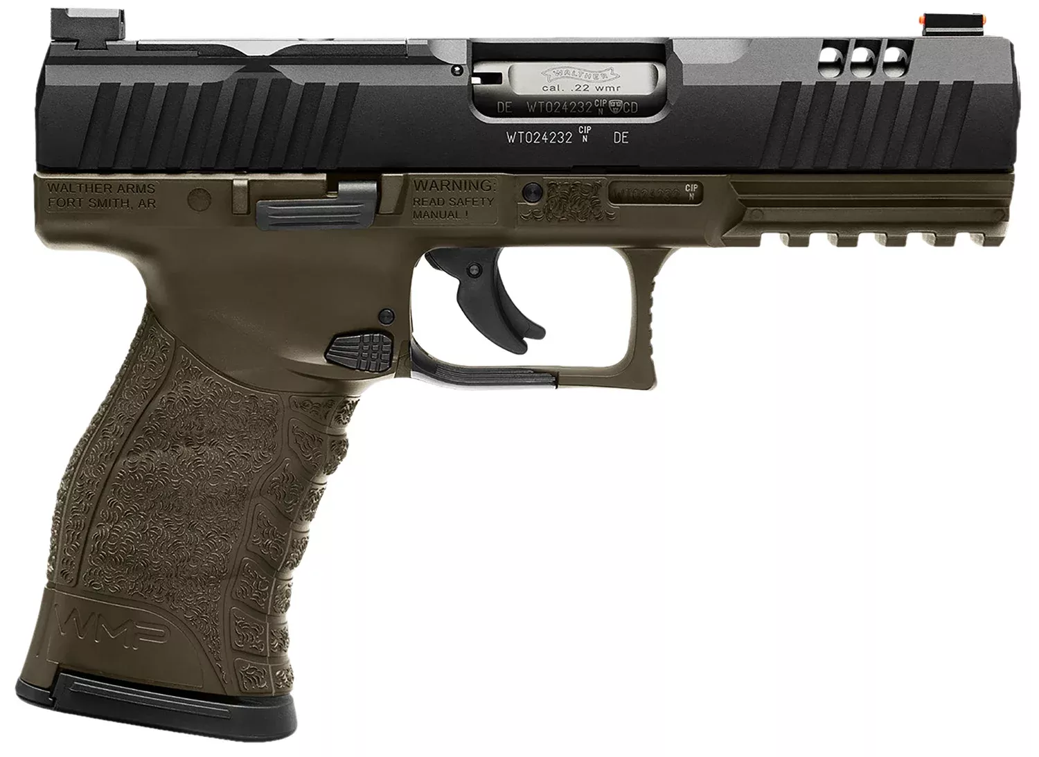 Walther Arms 5220307 WMPFull Size Frame 22 WMR 15+1 4.50″ Black Steel Barrel, Black Optic Ready/Serrated Slide, OD Green Polymer Frame w/Picatinny Rail, Textured Polymer Grip