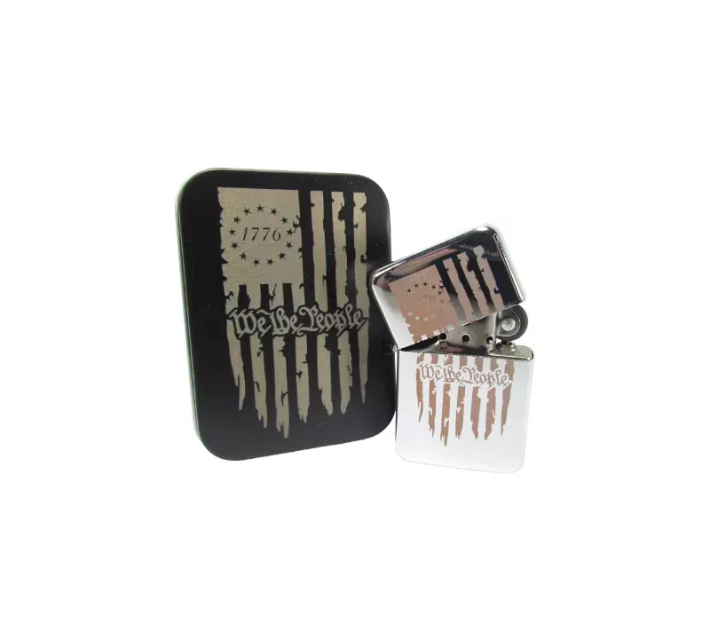 “We the People” Engraved Star Lighter (Zippo Style) with Tin Case – Stainless Steel