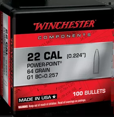 Winchester 22cal, .224 dia 64 Grain FMJ Box of 100