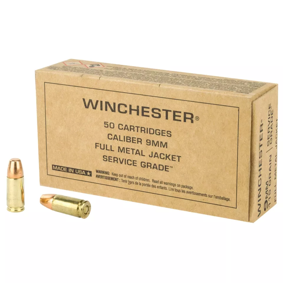 Winchester Service Grade 9mm 115gr Ammunition - 50 Rounds/500 Rounds