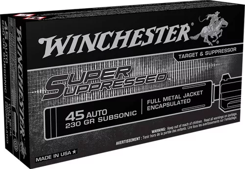 Winchester Super Suppressed Subsonic Centerfire Ammunition, 45 ACP, Encapsulated Full Metal Jacket, 230 Grain – 50 Cartridge Box ( 50 / 1 )
