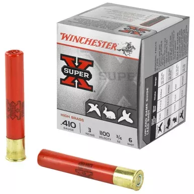 Winchester Super X High Brass 410 Gauge Ammo 3″ #6 Shot 3/4 oz 1100 fps Box of 25