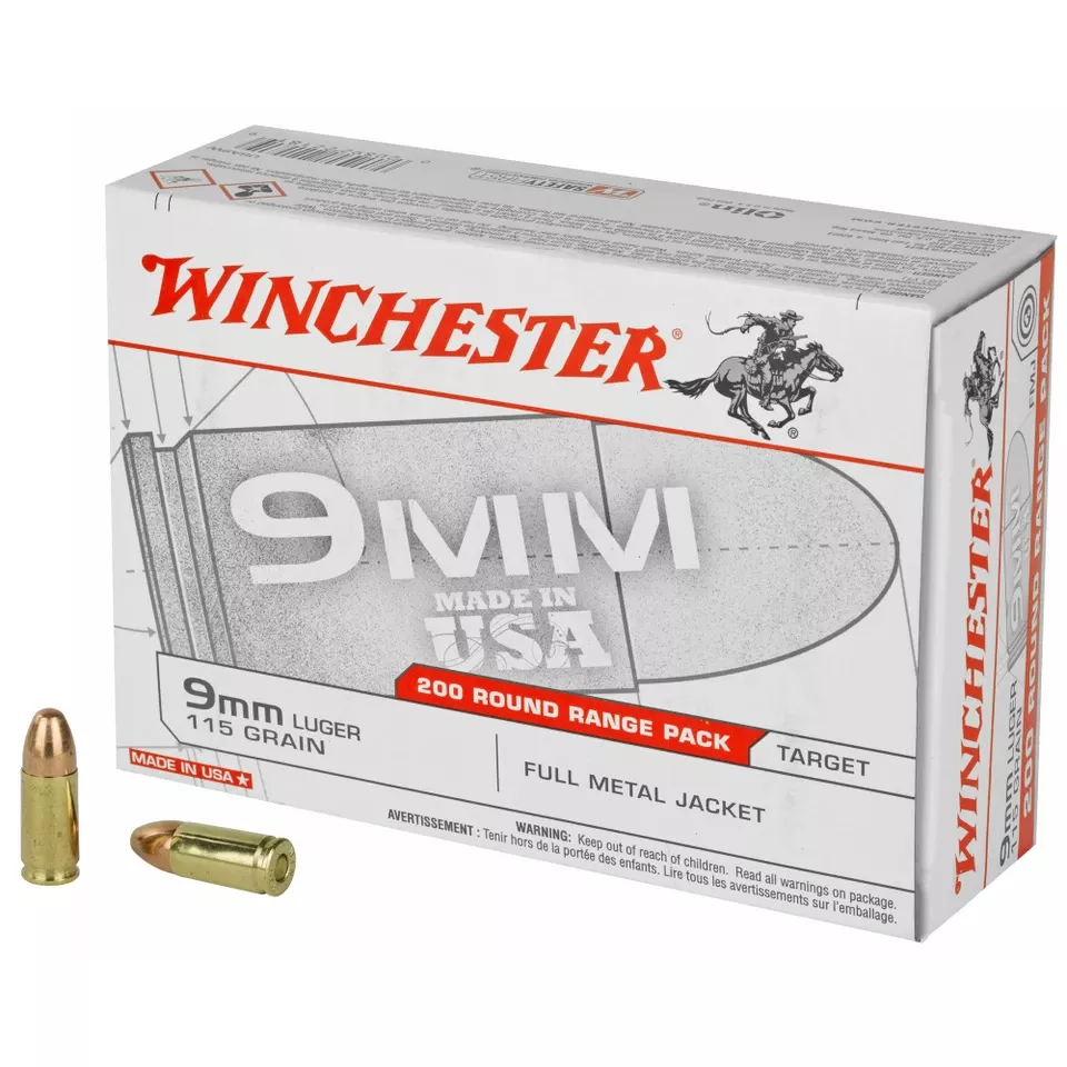 Winchester USA 9mm 115 Grain FMJ Ammunition - 200 Rounds/1000 Rounds