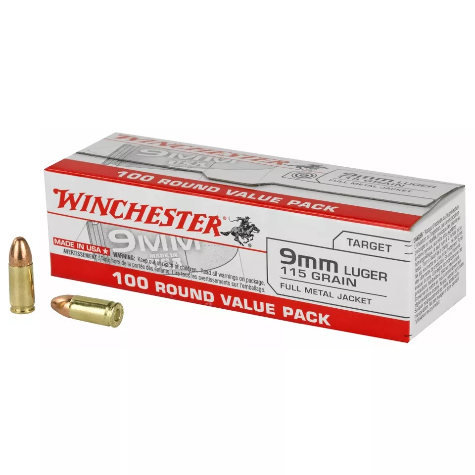 Winchester USA 9mm 115gr FMJ Ammunition - 100 Rounds/1000 Rounds