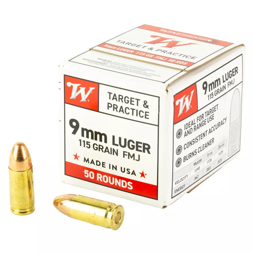 Winchester USA 9mm Luger 115 Grain FMJ Ammunition - 50 Rounds/1000 Rounds