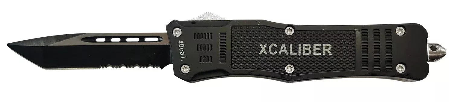 Xcaliber Knife Company 40 Cal Large 3.80″ OTF Tanto Part Serrated Black 440C SS Blade, 5.30″ Steel Handle